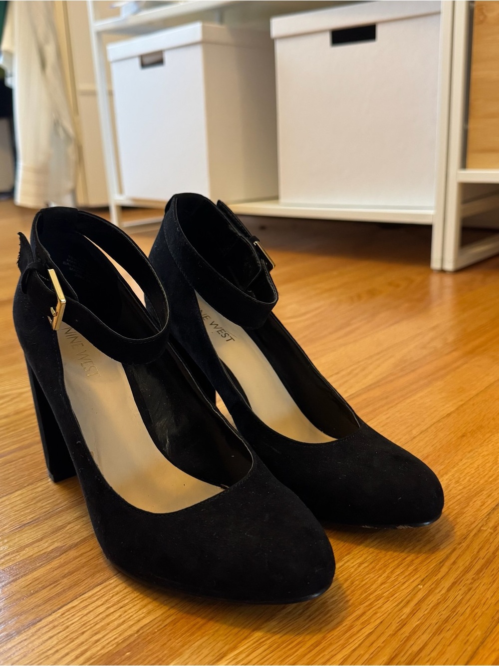 Nine West Black Suede Ankle-Strap Block Heel Pumps